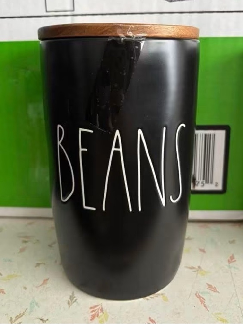 Rae Dunn Black Ceramic "BEANS" Cellar with Wood Lid